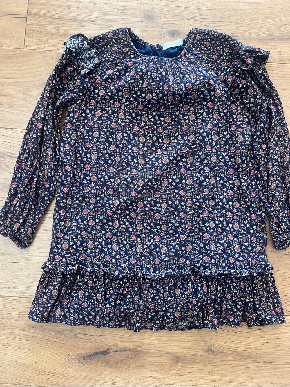 Mango Navy Floral Ruffle Hem Long-Sleeve Dress